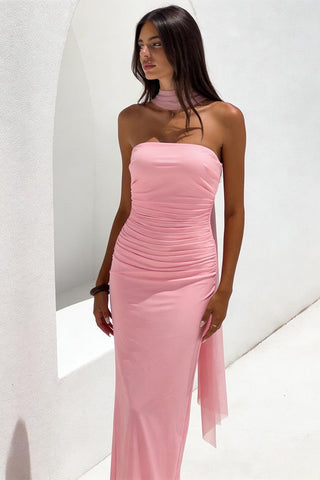 Strapless Ruched Slim Fit Long Dress with Mesh Scarf and Back Slit