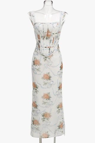 Floral Chiffon Corset Long Dress with Lace Strap Detail and Structured Bodice Design