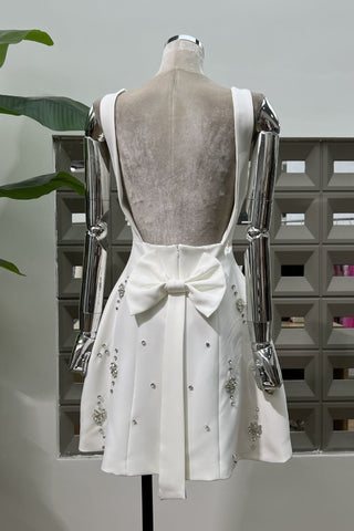 Crystal Embellished Open Back Bow Mini Dress
