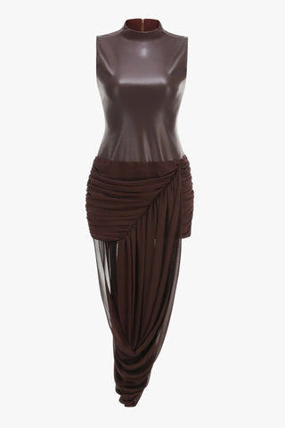High Neck Faux Leather Mini Dress with Draped Asymmetric Skirt