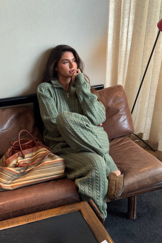 Cable Knit Zip-Up Cardigan and Jogger Pants Set
