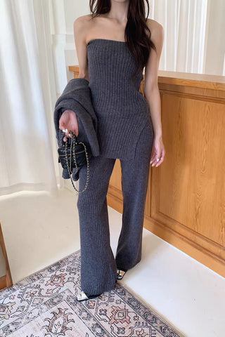 Comfy Ribbed Knit Three-Piece Cardigan, Top & Wide-Leg Pants Set