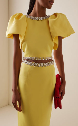 Puff Sleeve Cropped Top & High-Waist Long Skirt Set with Jeweled Details