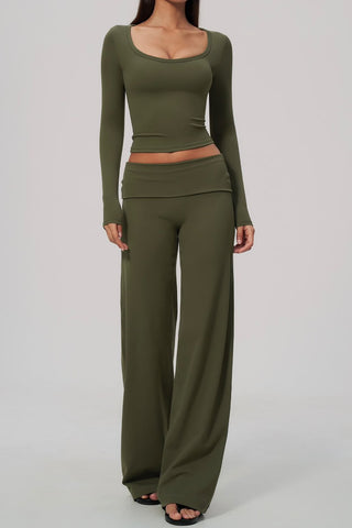 Scoop Neck Long Sleeve Top & Foldover Wide-Leg Pants Set