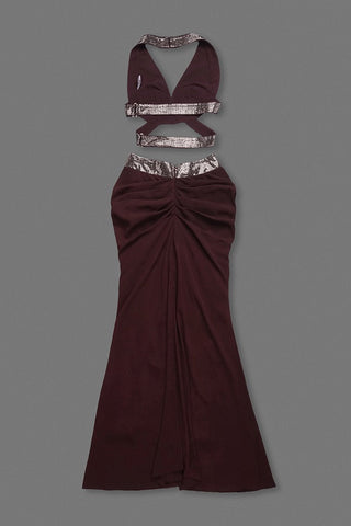 Crystal Embellished Halter Cutout Crop Top & Draped High-Waist Long Skirt Set