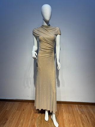 Crystal Draped Cape Neck Short Sleeve Long Dress