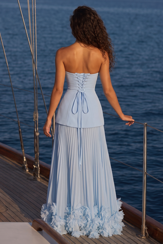 Strapless Lace-Up Corset Long Dress with Pleated Skirt and 3D Floral Trim