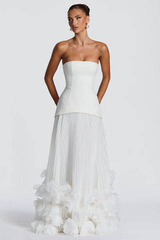 Strapless Lace-Up Corset Long Dress with Pleated Skirt and 3D Floral Trim