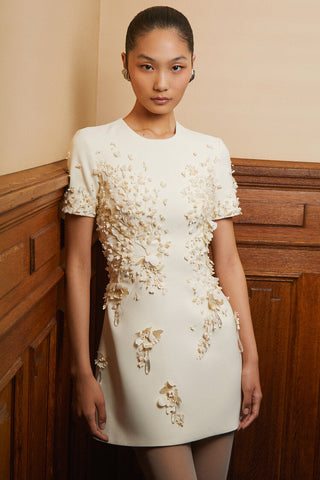 Floral Appliqué Mini Dress – Short Sleeve with Structured Fit