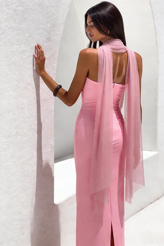 Strapless Ruched Slim Fit Long Dress with Mesh Scarf and Back Slit