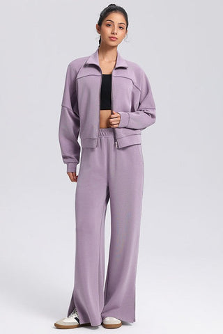 Relaxed Fit Zip-Up Jacket and Wide Leg Pants Set