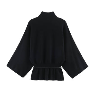 Belted Mock Neck Knit Sweater with Wide Sleeves