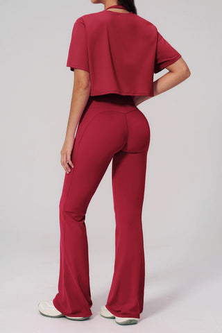 Short Sleeve Crop Top & High Waist Flared Pants Set – Snatched Fit, Made to Move