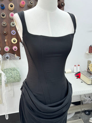 Structured Corset Back Long Dress with Draped Silhouette