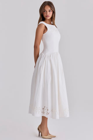 Boat Neck Midi Dress – Gathered Waist, Sleeveless Design & Cutout Details