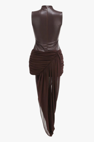High Neck Faux Leather Mini Dress with Draped Asymmetric Skirt