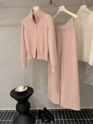 Zip-Up Knit Cardigan and Long A-Line Skirt Set