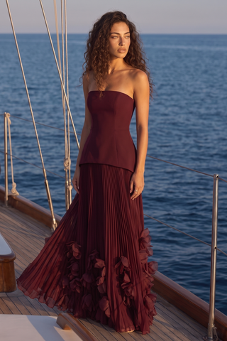 Strapless Lace-Up Corset Long Dress with Pleated Skirt and 3D Floral Trim
