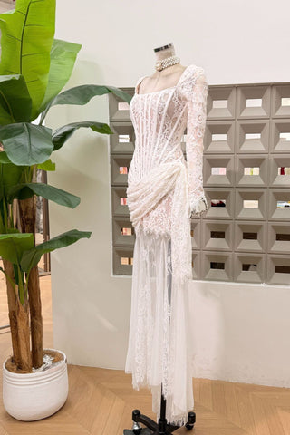Lace Corset Long Dress – Draped Long Sleeve Gown
