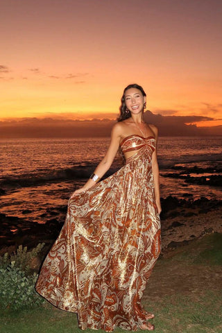 Strapless Printed Chiffon Long Dress – Sleeveless, Fluid Draped Fit with Open Back