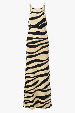 Sleeveless Zebra Print Knit Long Dress with Double Shoulder Straps