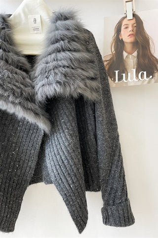 Statement Faux Fur Collar Ribbed Knit Long-Sleeve Cardigan