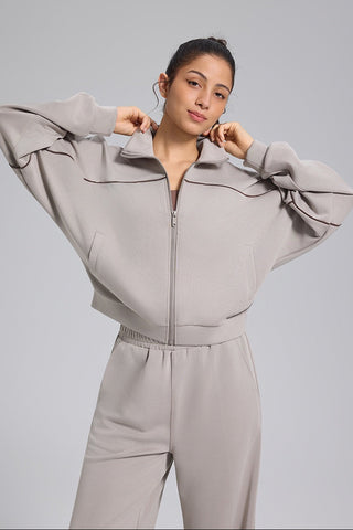 Relaxed Fit Zip-Up Jacket and Wide Leg Pants Set