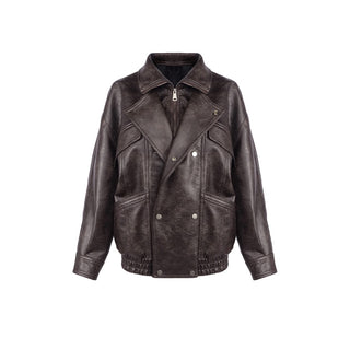 Classic Aviator Leather Jacket with High Neck, Utility Pockets, and Structured Fit