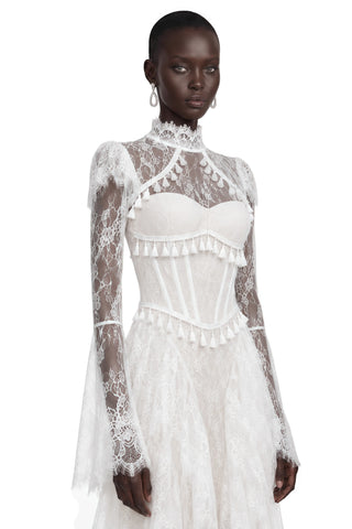 Lace Corset Long Dress with Ruffle Layers & Flared Sleeves