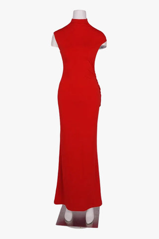 Open Back High Neck Long Evening Dress with Draped Detail