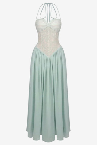 Lace Corset Halter Long Dress – Pleated Chiffon Evening Dress