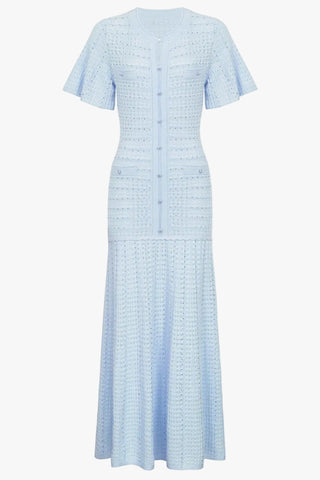 Crystal Embellished Textured Knit Short Sleeve Long Dress