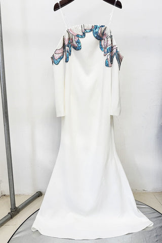 Off-Shoulder Long Sleeve Crepe Long Dress with Hand-Beaded Floral Embellishment