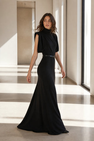 High-Neck Draped Shoulder Long Dress with Belt