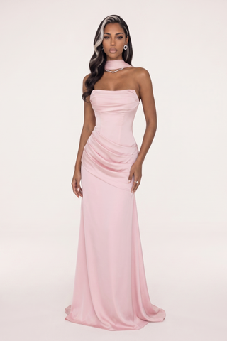 Satin Draped Corset Long Dress with Scarf – Elegant Strapless Design