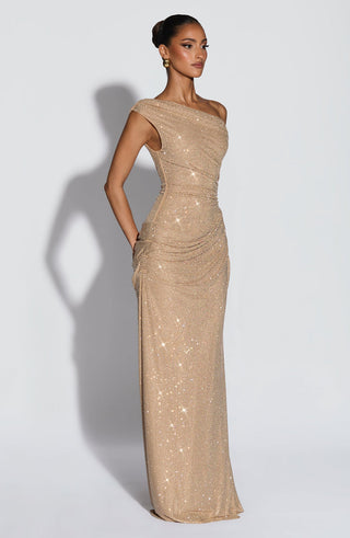 One-Shoulder Shimmer Mesh Long Evening Dress