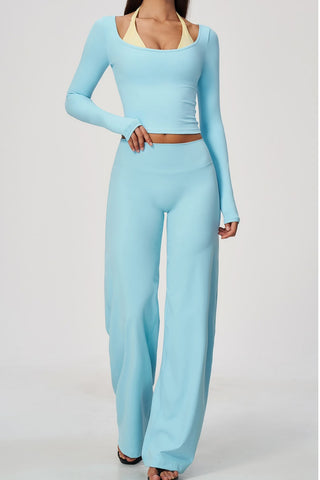 Scoop Neck Long Sleeve Top & Wide-Leg Pants Set