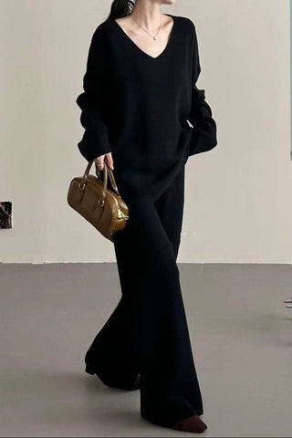 Comfy Relaxed V-Neck Knit Top & Wide-Leg Pants Set