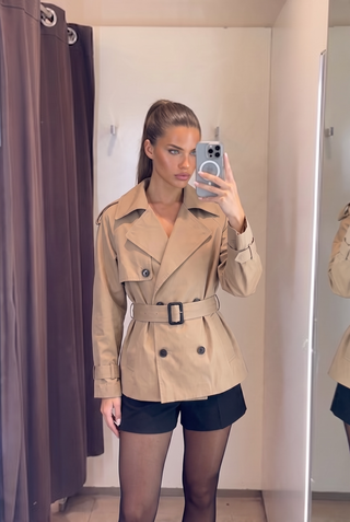 Double-Breasted Belted Short Trench Jacket with Balloon Hem