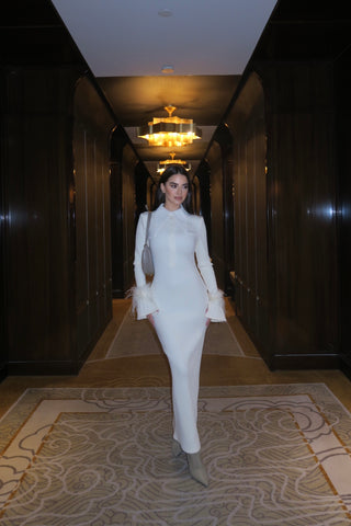Feather Cuff Long Sleeve Bandage Long Dress