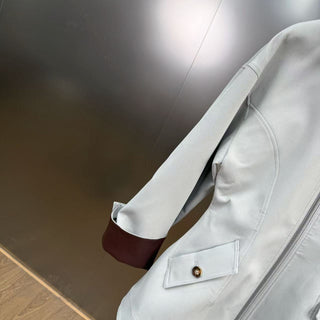 Contrast Faux Leather Collar Long Sleeve Tailored Zip-Up Jacket