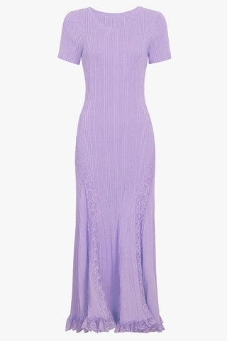 Ribbed Knit Round Neck Short Sleeve Long Dress with Lace Panels & Ruffle Hem