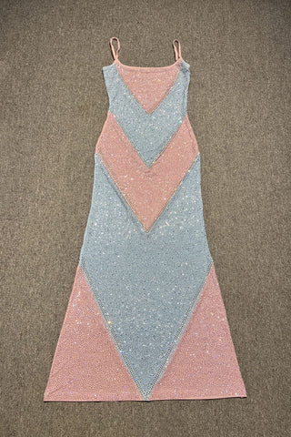 Rhinestone Embellished Colorblock Long Dress with Thin Straps