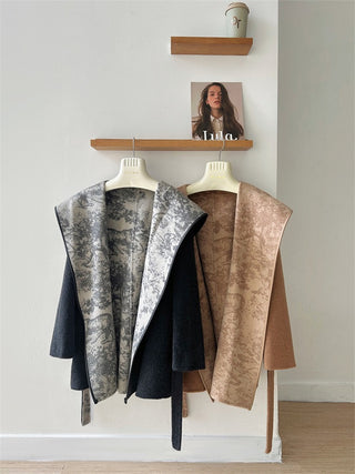 Wool-Feel Belted Long Sleeve Short Coat with Printed Shawl Collar