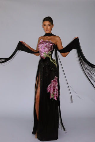 Floral Sequin Fringe Strapless Long Dress with Scarf
