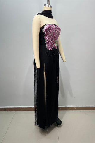 Floral Sequin Fringe Strapless Long Dress with Scarf
