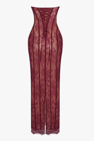 Sheer Lace Corset Strapless Long Dress with Lace-Up Back