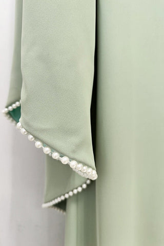 Pearl Trim Minimal Design Dress – Chiffon Material, Long Flared Sleeves