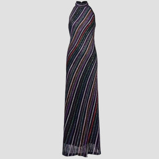 Halter Neck Open-Back Striped Knit Long Evening Dress