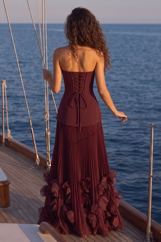 Strapless Lace-Up Corset Long Dress with Pleated Skirt and 3D Floral Trim